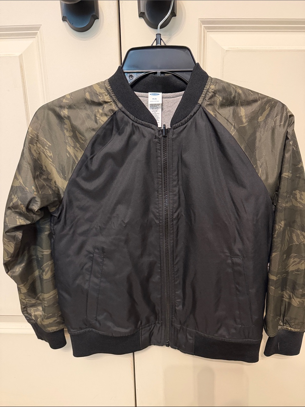 Old Navy Black Bomber Jacket with Green Camo Sleeves, boys M